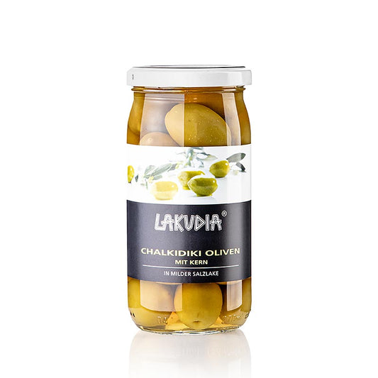 Grønne oliven "Chalkidiki", med sten, Lakudia, 355 g