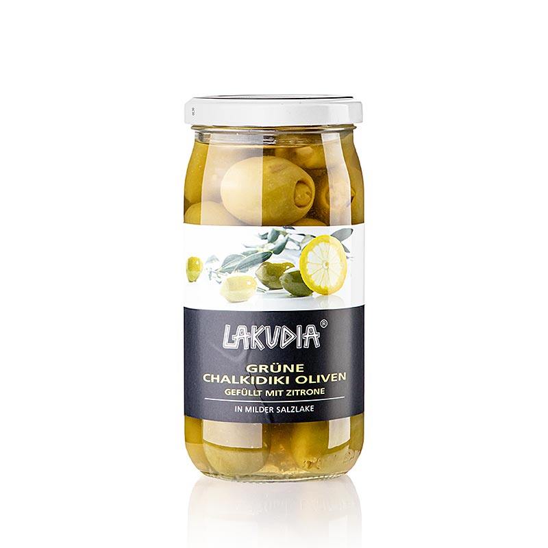 Grønne oliven "Chalkidiki", uden sten, med citron, Lakudia, 355 g