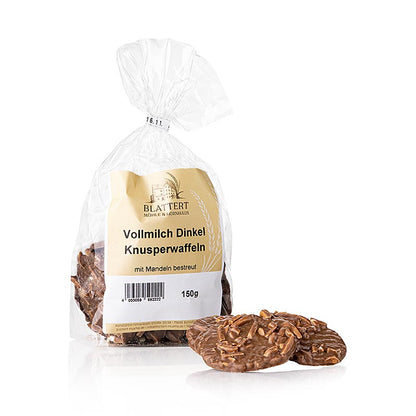 Blattert Mühle speltvafler med mandelsplitter i mælkechokolade, 150 g