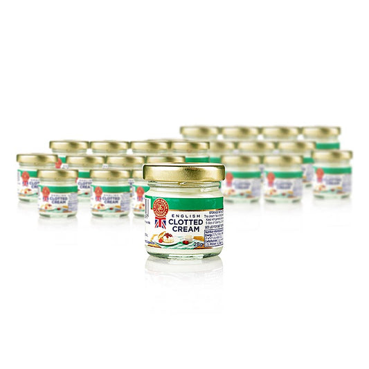 Engelsk clotted cream (fast fløde), 56 % fedt, portionsglas, Devon, 672 g, 24 x 28 g