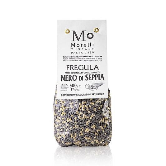 Nudler Fregula (Fregola) Nero di Seppia (med blæksprutteblæk) Morelli 1860, 500 g
