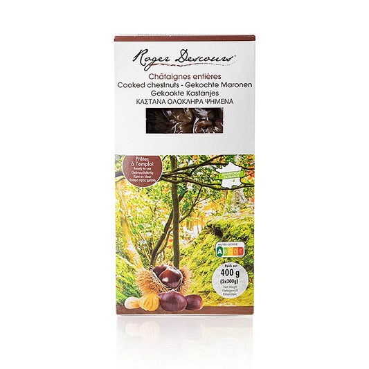 Roger Descours kastanjer, hele, skrællede, kogte, vakuumpakket, 400 g, 2 x 200 g