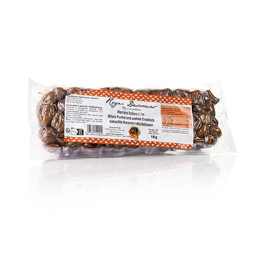 Roger Descours kastanjer, hele, skrællede, kogte, vakuumpakket, 1 kg